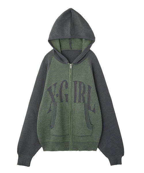 【限定】国体　パーカー　2023 グレー×グリーン※貴重XAサイズ LOGO JACQUARD ZIP UP KNIT HOODIE｜エックスガールの通販｜&mall