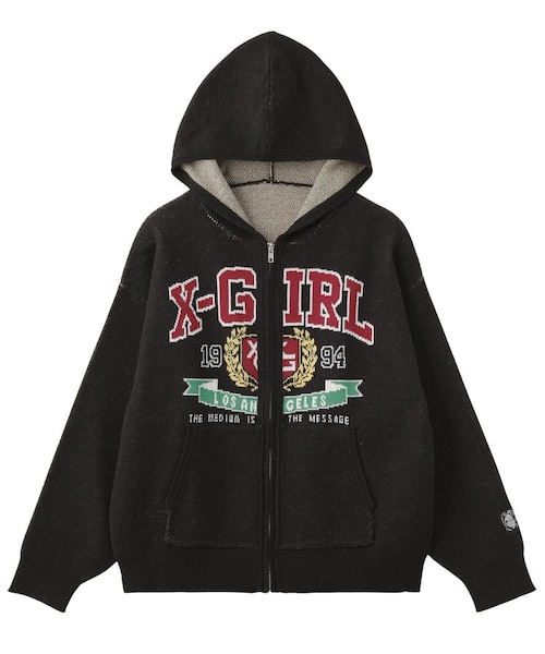しょこはるページ COLLEGE LOGO JACQUARD ZIP UP KNIT HOODIE｜エックスガールの通販