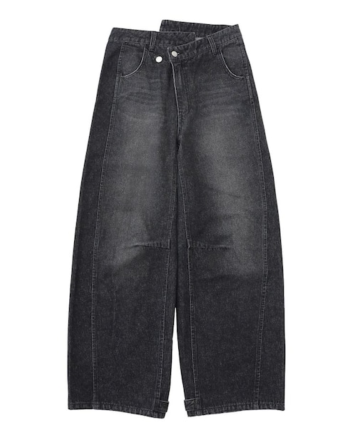 ASYMMETRIC WAIST BARREL LEG DENIM PANTS