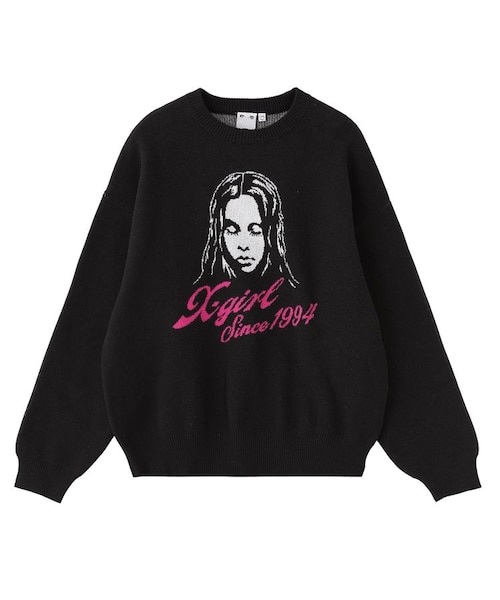 CURSIVE LOGO AND FACE JACQUARD KNIT TOP｜エックスガールの通販