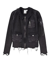 DISTRESSED WOVEN MIX ZIP UP TOP