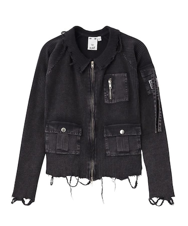 DISTRESSED WOVEN MIX ZIP UP TOP