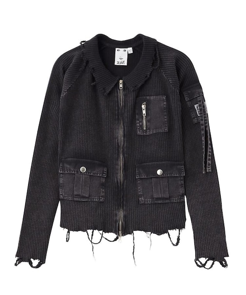 DISTRESSED WOVEN MIX ZIP UP TOP