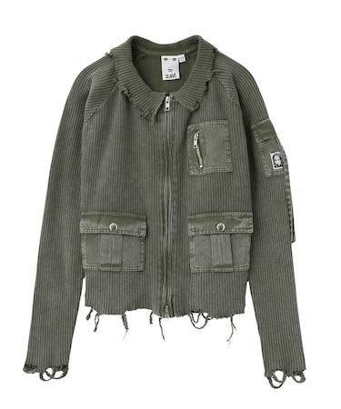 DISTRESSED WOVEN MIX ZIP UP TOP