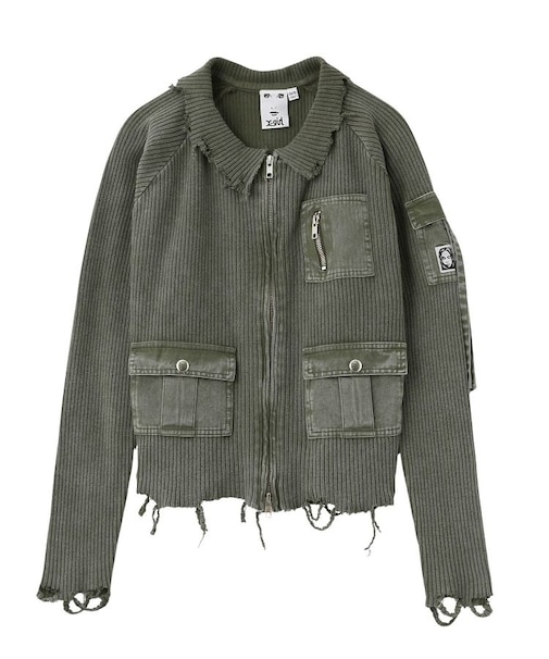 DISTRESSED WOVEN MIX ZIP UP TOP