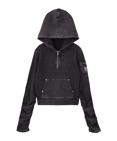 FADED WOVEN MIX HALF ZIP HOODED TOP