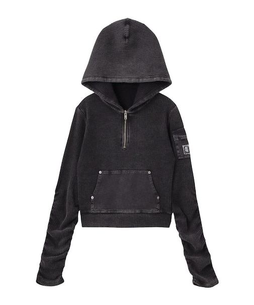 FADED WOVEN MIX HALF ZIP HOODED TOP
