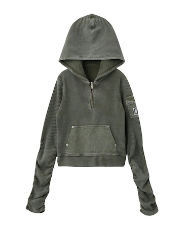 FADED WOVEN MIX HALF ZIP HOODED TOP