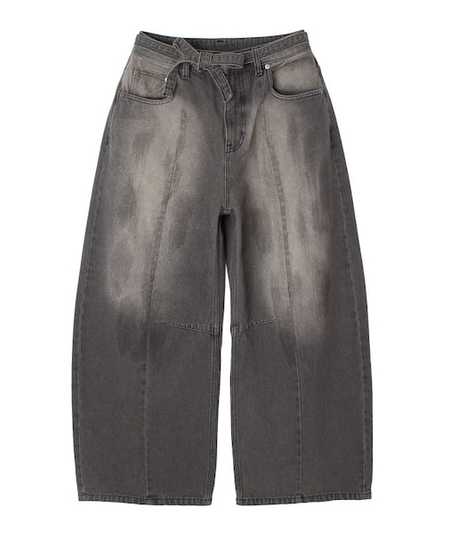 FADED FACE LABEL WIDE BAGGY DENIM PANTS