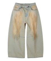 FADED FACE LABEL WIDE BAGGY DENIM PANTS