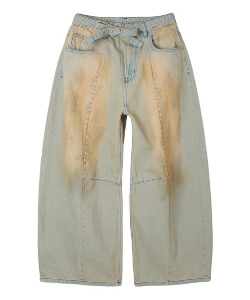 FADED FACE LABEL WIDE BAGGY DENIM PANTS