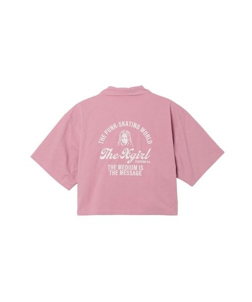 ARCH LOGO AND FACE OPEN COLLAR CROPPED SHIRT