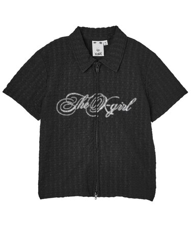 SCRIPT LOGO SHIRRED S/S ZIP UP TOP