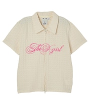 SCRIPT LOGO SHIRRED S/S ZIP UP TOP