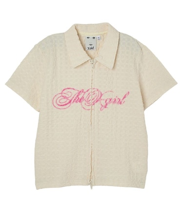 SCRIPT LOGO SHIRRED S/S ZIP UP TOP