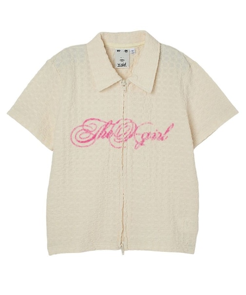 SCRIPT LOGO SHIRRED S/S ZIP UP TOP