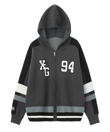 NUMBER AND LOGO JACQUARD ZIP UP KNIT TOP