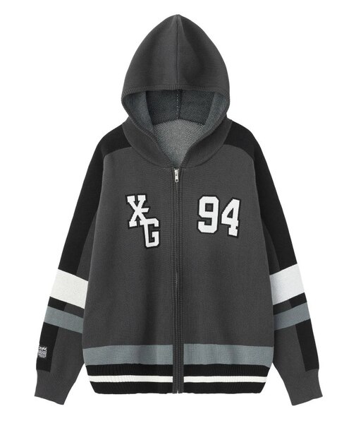 NUMBER AND LOGO JACQUARD ZIP UP KNIT TOP