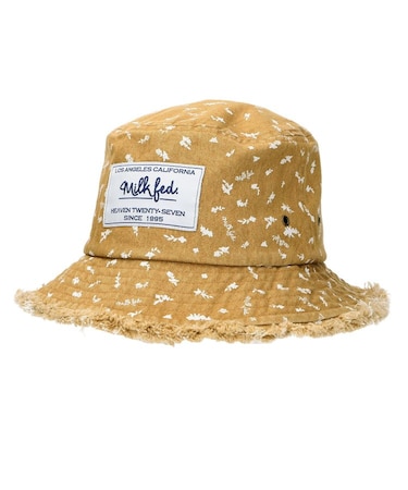 FLORAL PATTERN DENIM FRINGE BUCKET HAT