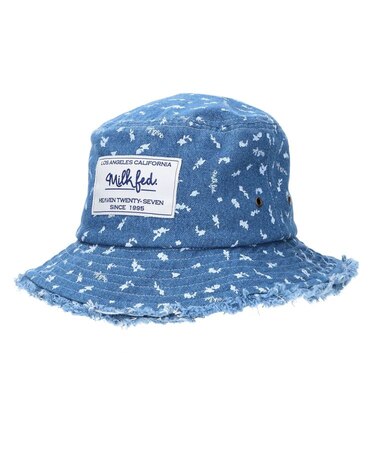 FLORAL PATTERN DENIM FRINGE BUCKET HAT