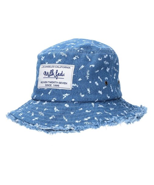 FLORAL PATTERN DENIM FRINGE BUCKET HAT