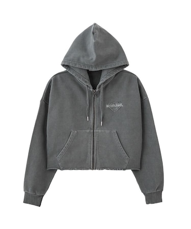 HEART MOTIF FADED CROPPED ZIP UP HOODIE