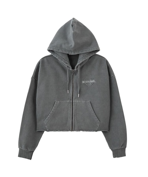 HEART MOTIF FADED CROPPED ZIP UP HOODIE