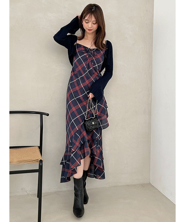 フリルチェックキャミソールワンピース