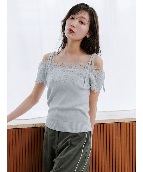 SNIDEL - スナイデルハーフスリーブニットプルオーバー　m レースコンビハーフスリーブニットプルオーバー｜スナイデルの