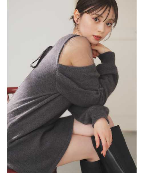 シースルーショルダーニットワンピース