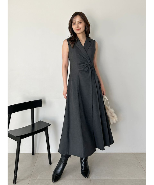 Sustainableサイドプリーツテーラードワンピース