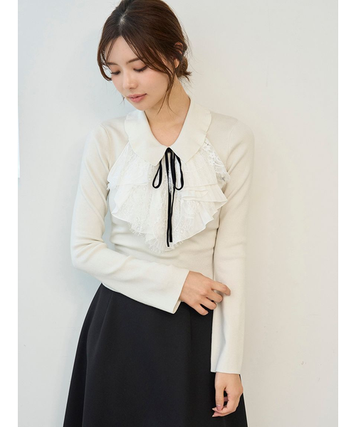 新品タグ付　Sustainableレイヤードラッフルニットプルオーバー 　黒 Sustainableレイヤードラッフルニットプルオーバー｜スナイデルの通販