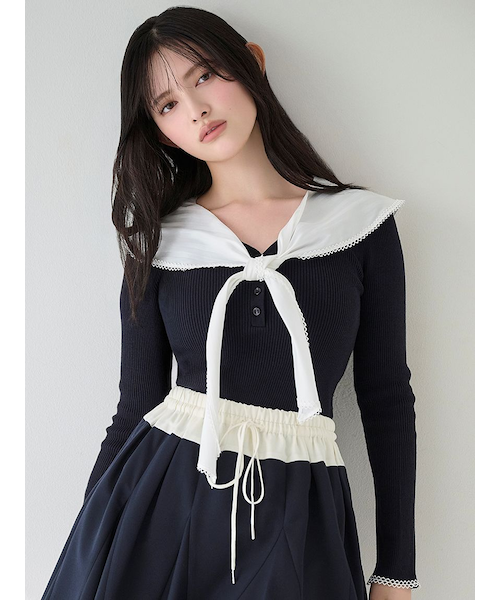 新品　Sustainableスカーフブラウスドッキングプルオーバー　紺 Sustainableスカーフブラウスドッキングプルオーバー｜スナイデルの