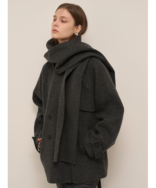 【HIGH QUALITY】スカーフ付きウールミドルコート