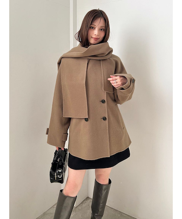 【HIGH QUALITY】スカーフ付きウールミドルコート