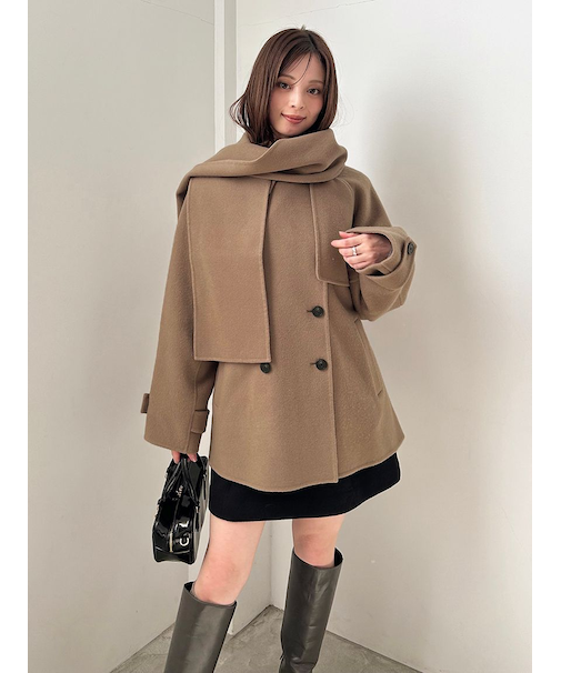 【HIGH QUALITY】スカーフ付きウールミドルコート