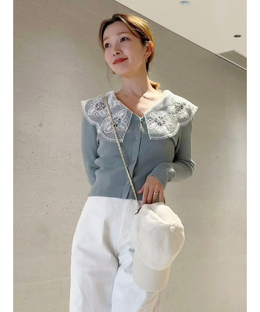 エンブロイダリーカラーニットトップス