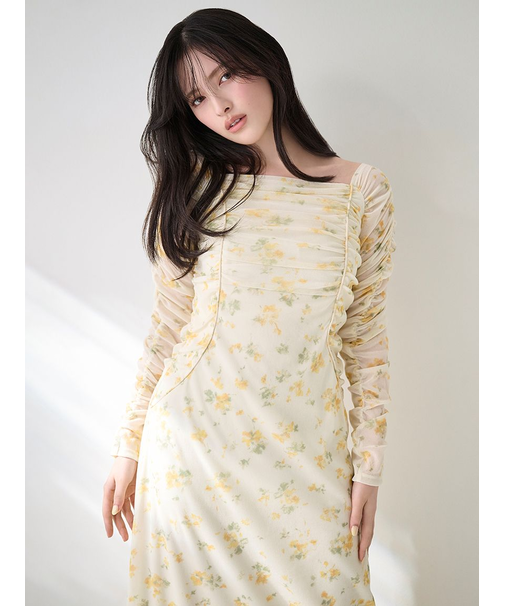 フロッキープリントギャザーワンピース