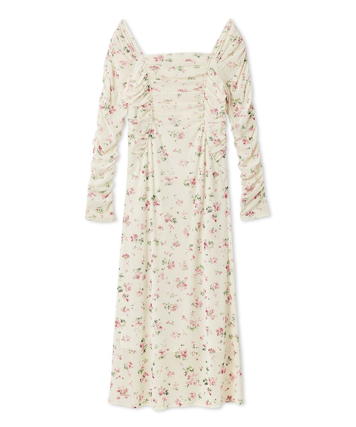 フロッキーワンピース リボンラッフルスリーブラインフロッキーフラワーワンピース