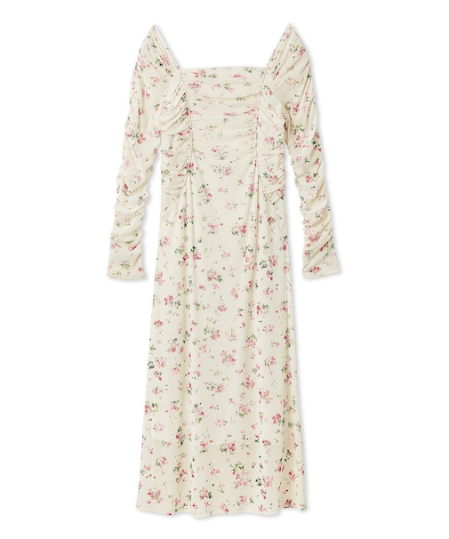 フロッキープリントギャザーワンピース