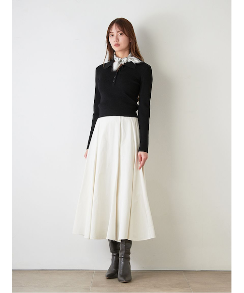 スカーフ付きポロニット×フレアスカートセット
