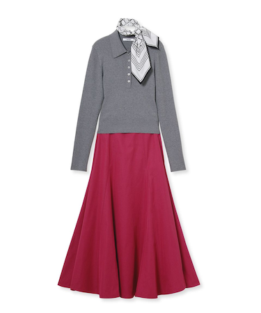 スカーフ付きポロニット×フレアスカートセット