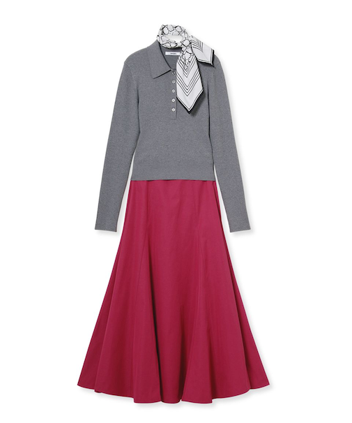 スカーフ付きポロニット×フレアスカートセット