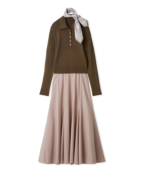 スカーフ付きポロニット×フレアスカートセット