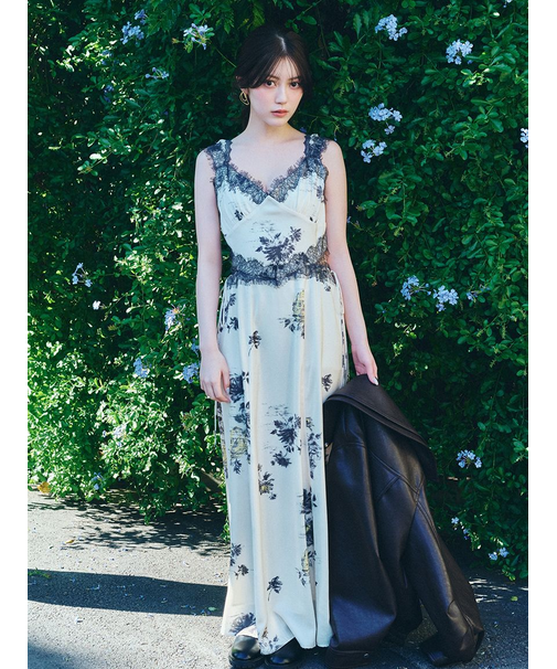 レーストリムプリントキャミワンピース