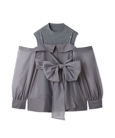 デザインシャツレイヤードニットトップス