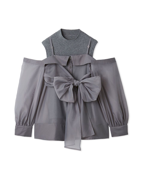 デザインシャツレイヤードニットトップス