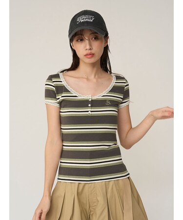 【WEB限定カラーあり】レースデザインヘンリーネックTシャツ