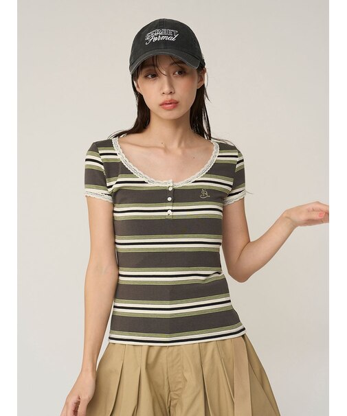 【WEB限定カラーあり】レースデザインヘンリーネックTシャツ