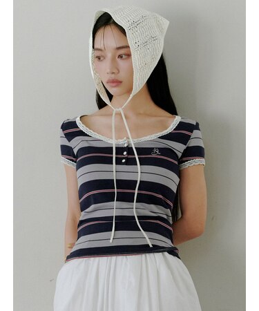 【WEB限定カラーあり】レースデザインヘンリーネックTシャツ